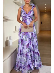 2025 Sexy Printed Chiffon Long Dress Summer Fashion Elegant V Neck Ruffles Edge Slim Vacation Sleeveless Backless Party Dresses