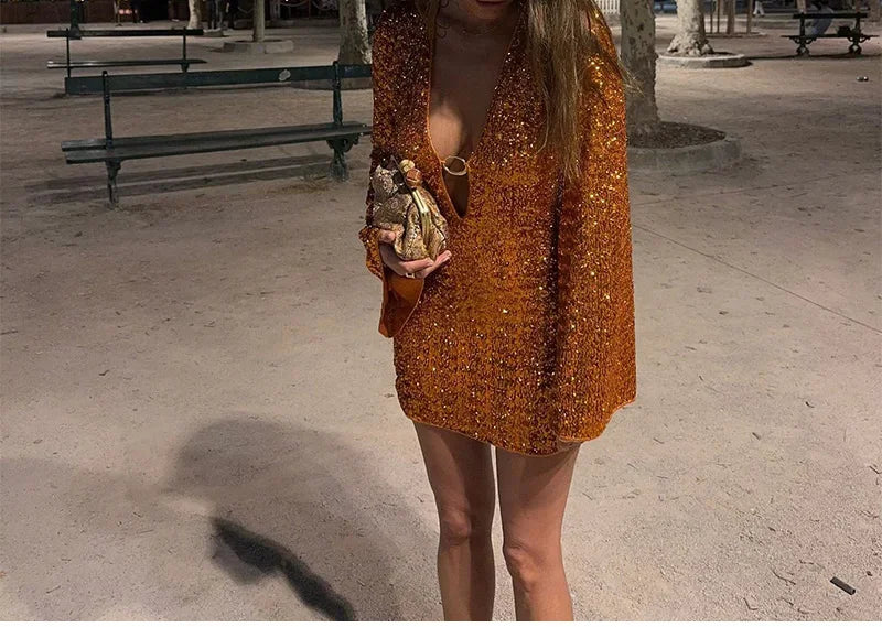 Sexy Hollow Out Mini Dress | Sequined Y2K Party Gown -femstylo
