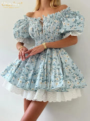 Clacive Summer Slim Print Women's Dress Fashion Slash Neck Short Sleeve Mini Dresses Elegant High Waist Patchwork Female Dress