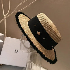 Summer Straw Hat 2024 New Flat Top French Straw Hat Elegant Women's Outdoor Vacation Sun Hat Summer Hat 모자 gorras beach