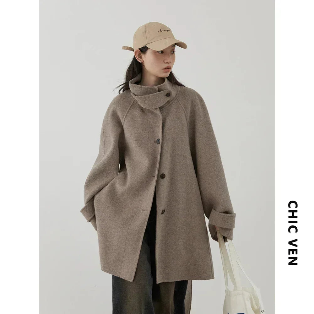 CHIC VEN Korean Women Woolen Coat Single Breasted Loose Stand Collar Belt Long Double-sided Ladies Overcoat Autumn Winter 2024