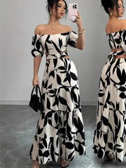 Elegant Short-sleeved Dress For Women Spring Summer Fashion Printing Waist-tightening Patchwork Loose Casual Dresses Female