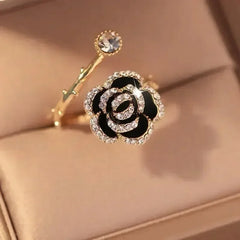 Black Rose Shaped Metal Opening Rings for Woman Girls Fashion Luxury Zircon Adjustable Index Finger Rings Jewelry Party