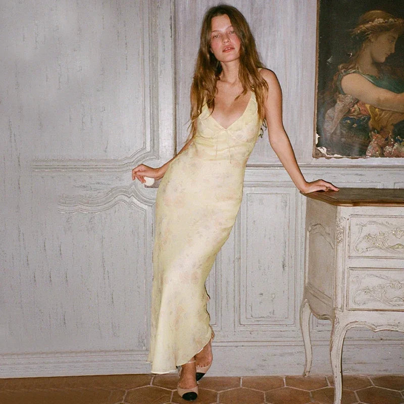 Yellow Floral Maxi Dress | Retro V-Neck Summer Party Gown -femstylo