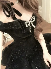 Black French Vintage Elegant Design Woman Dress Gothic Off Shoulder Retro Mini Dress Female Fairy Birthday Party Chic Outfits