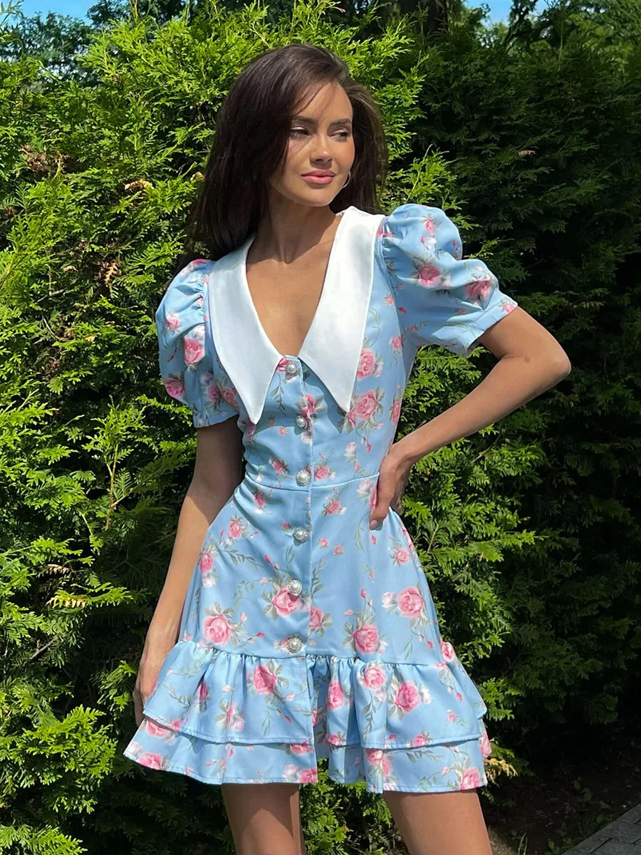 Puff Sleeve V-Neck Mini Dress | Printed Ruffled Pearl Button Dress - Femstylo