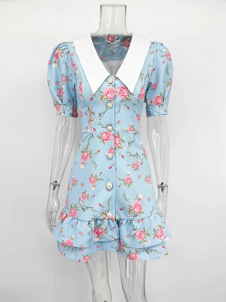Puff Sleeve V-Neck Mini Dress | Printed Ruffled Pearl Button Dress - Femstylo