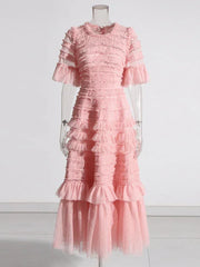 Patchwork Edible Tree Fungus Elegant Dresses For Women Round Neck Short Sleeve High Waist Temperament Dress Female Fashion