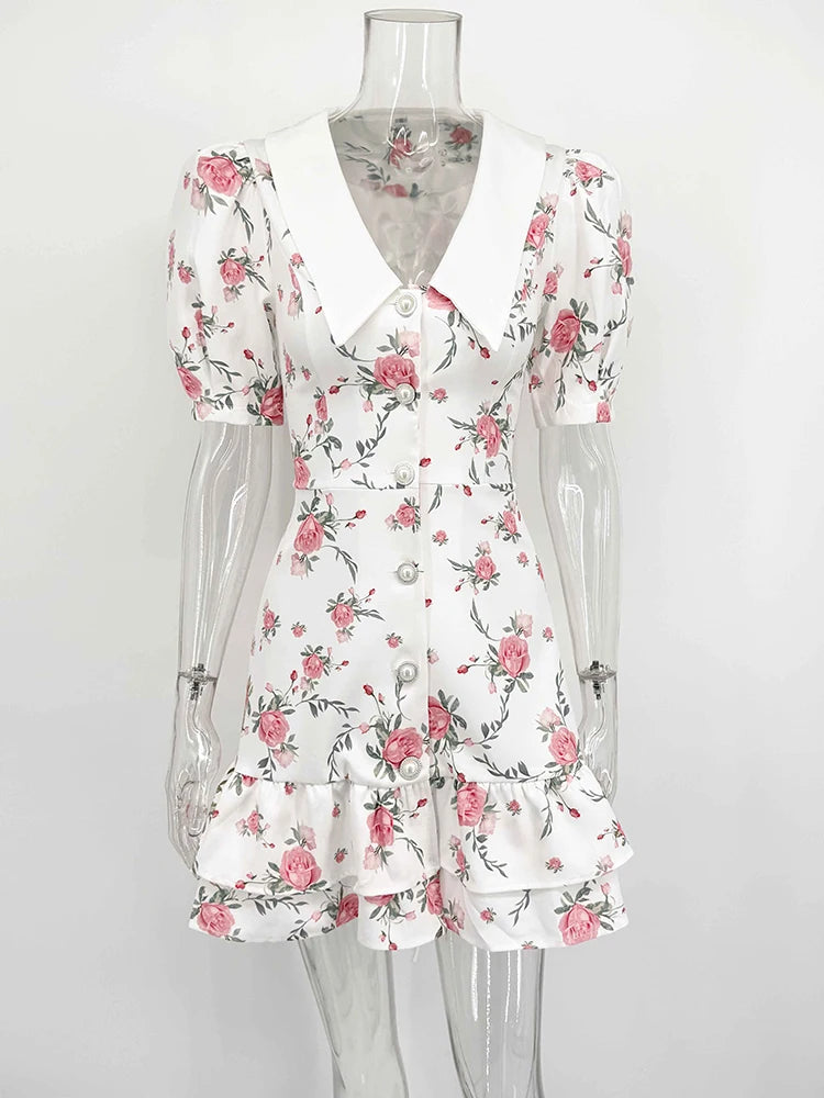 Puff Sleeve V-Neck Mini Dress | Printed Ruffled Pearl Button Dress - Femstylo