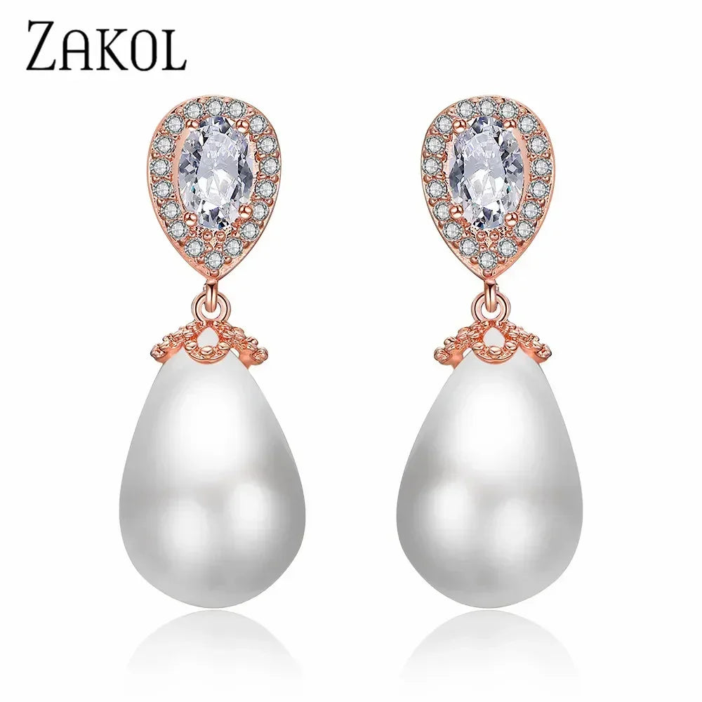 ZAKOL Stylish Teardrop Imitation Pearl Dangle Earrings Water Drop Cubic Zirconia for Women Bridal Earring Wedding Jewelry Bijoux