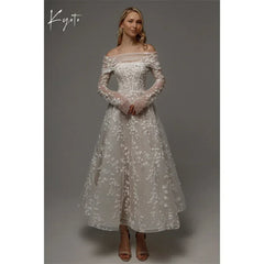 Kyoto Customized Lace Flowers Detachable Long Sleeves Wedding Dress Ankle-Length Glitter vestidos de novia A-Line Formal Gown