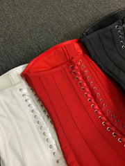 Real Photos Women New Bandage Dress Strapless Laced Up Back Flowers Hem Bodycon Mini Celebrity Evening Party Birthday Dresses