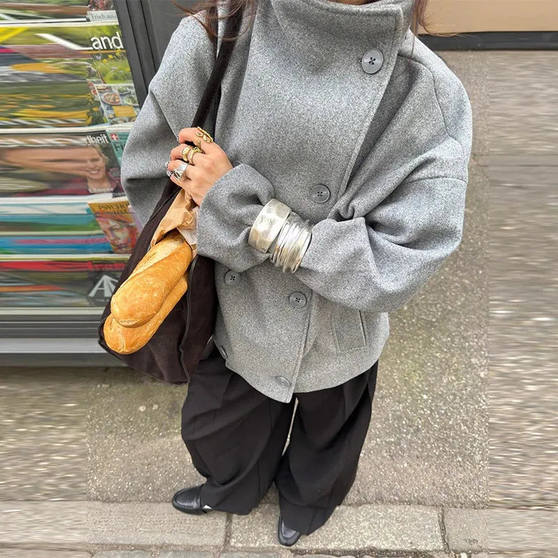 Fashion Women's Stand Collar Woolen Coats Long Sleeve Loose Female Short Coat 2025 Autumn Winter Office Lady Street Jacket