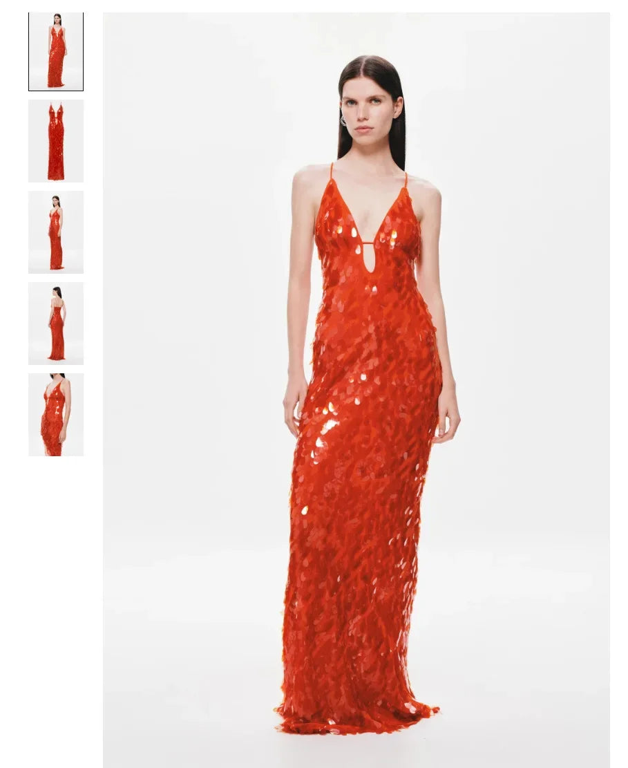 2025 Glitter Sequins Spaghetti Straps Women's Evening Dress Sleeveless Backless High Waist Floor Length Lady Birthday Party Gown