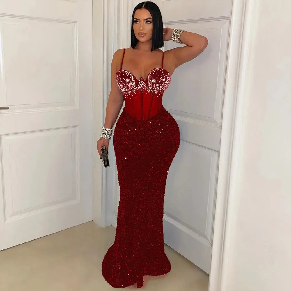 Long Dress Women Sexy Party Dresses Sling Bodycon Vestidos Streetwear Club Sequin Hot Drilling Elegant High Waist Y2k Evening