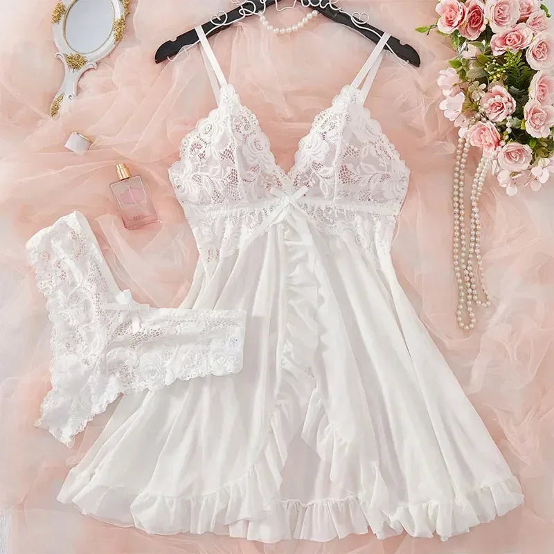 2 Pcs Set Sexy Lingerie Set Women Deep V Slip Dress Thong Erotic Bra Panty Sets Lace Nightdress Transparent Soft Nightgown
