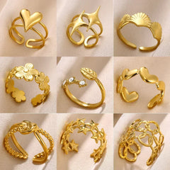 Stainless Steel Flower Open Rings For Women Trend Wedding Heart Jewelry Gold Color Geometric Hollow Ring Daily Accessories Gift