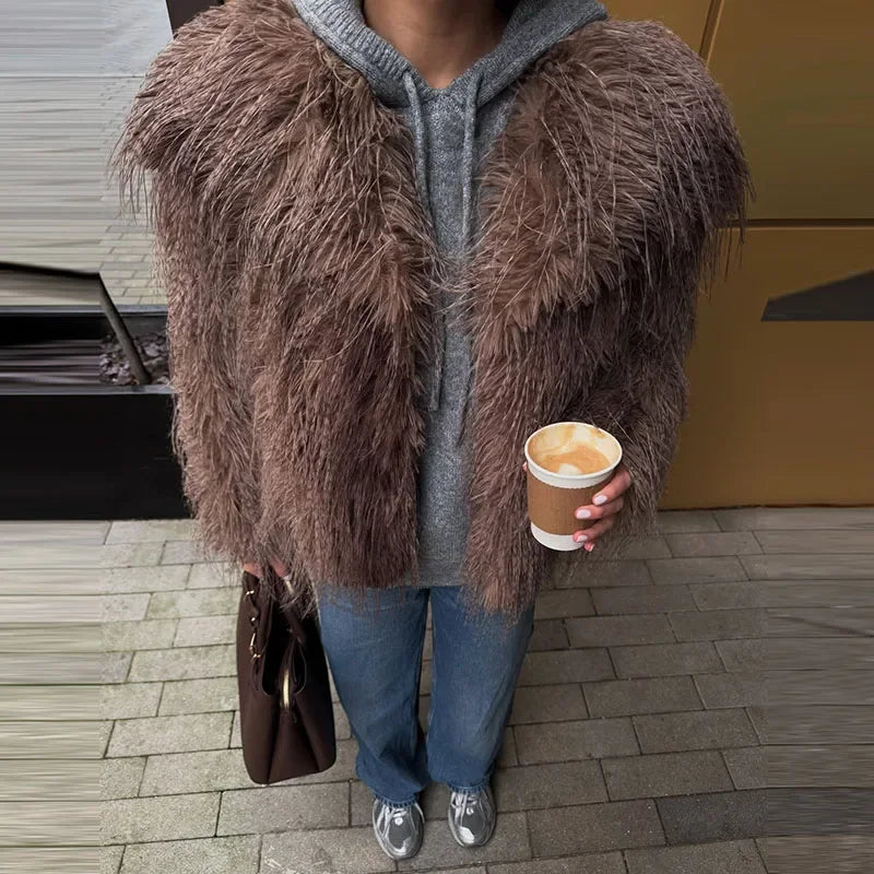 Warm Fluffy Faux Fur Cardigan Coats Women's Winter Turn-down Collar Full Sleeve Overcoat 2025 Autumn New Lady Solid Streetwear