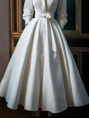 Elegant Women's Solid Color Stand Collar Shirt Dress Casual Mid-Length Waisted Evening Party Dress for Women 2024