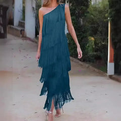 Spring and Summer New Fashion Fringed Slanted Shoulder Asymmetrical Dress for Women