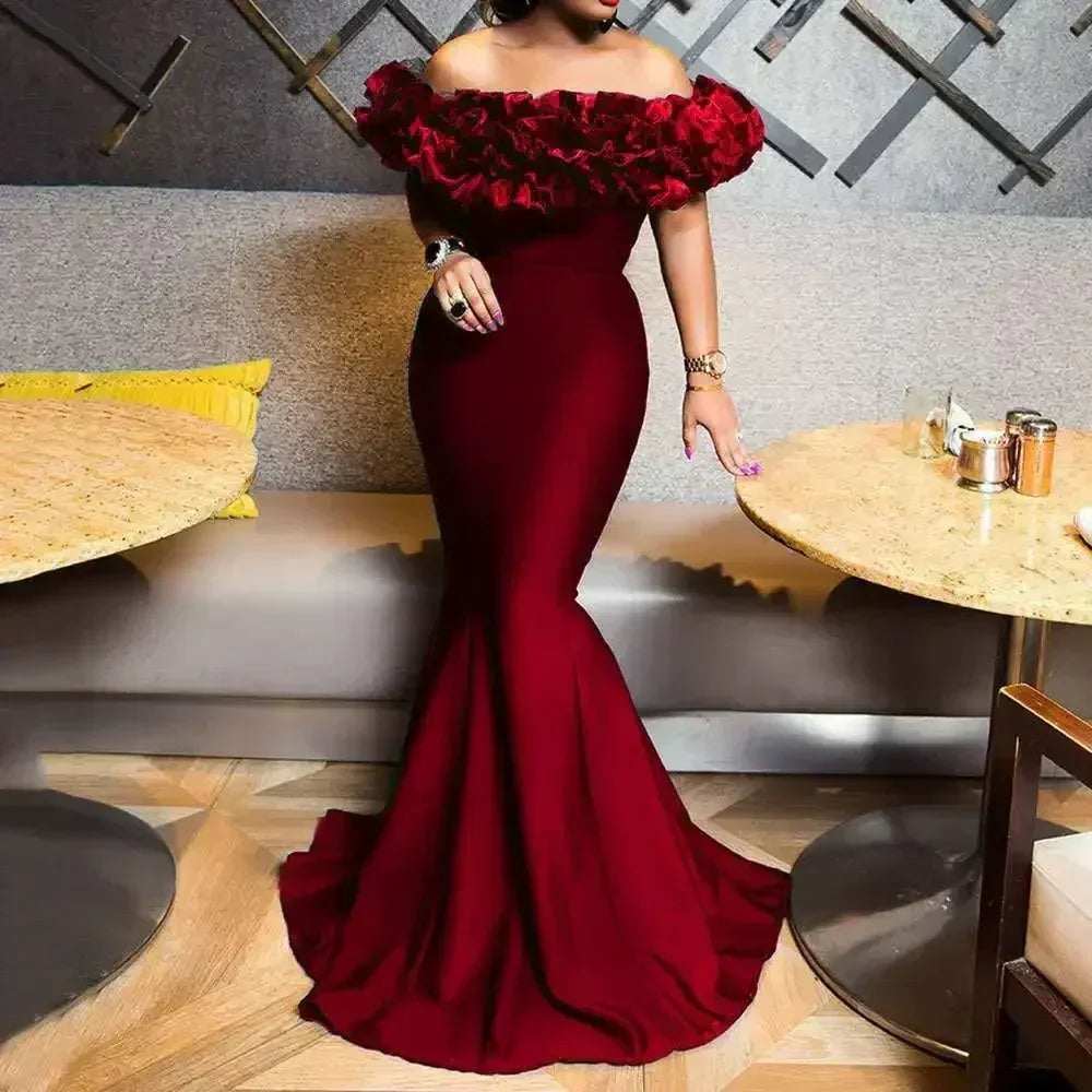 Women Strapless Sleeveless Ruffles Slash Neck Trumper Mermaid Dress Long Evening Party Floor Length Dress Solid Color Sexy