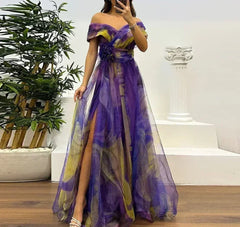 Women 2025 Pattern High Waist Party Dress Sexy Slit Mesh Cocktail Gala Dress Fashion One Shoulder Female Pleated Evening Dress