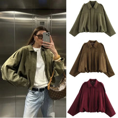 ETJ 2025 TRAF Spring new women's suede texture effect Loose version of fashion lapel shoulder bomber jacket