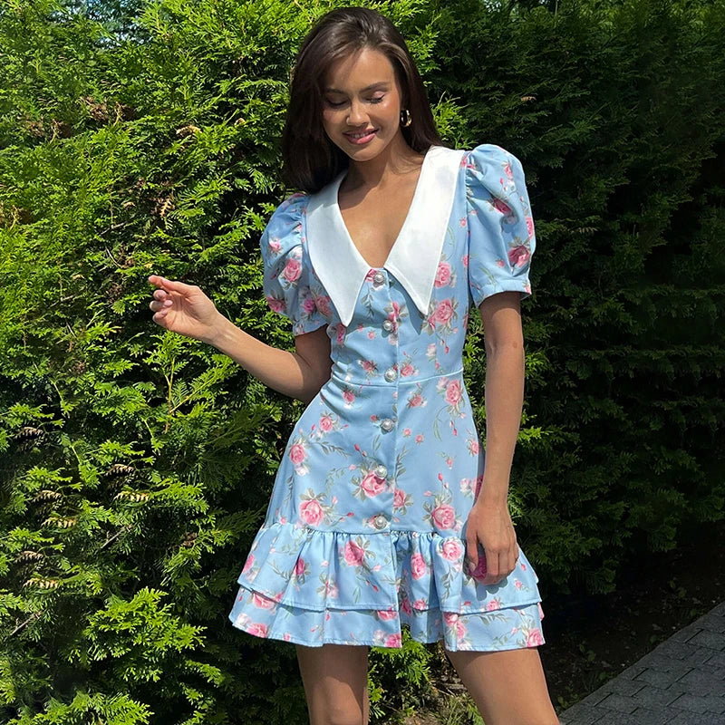 Puff Sleeve V-Neck Mini Dress | Printed Ruffled Pearl Button Dress - Femstylo