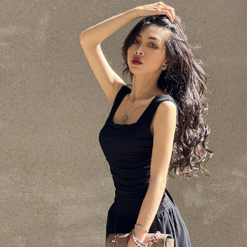 Ruched Bodycon Maxi Dress | Y2K Square Neck Slip Dress -femstylo