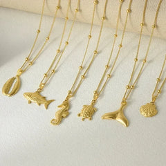 1Pc Temperament Fashion Summer Beach Blue Marine Life Sea Horse Shell Turtle Mini Fish Bead Necklace Classic Clavicle Chain