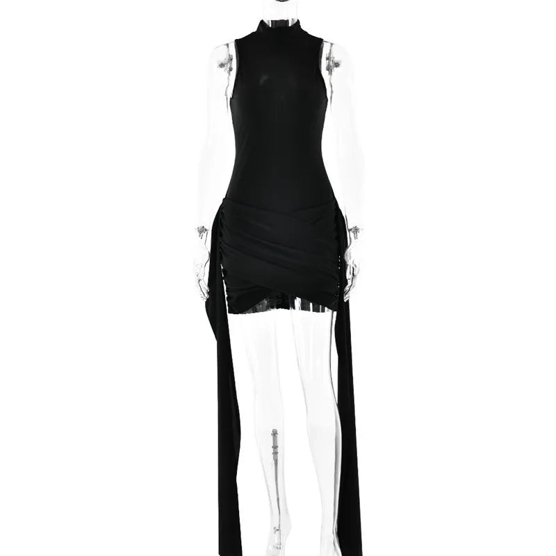 Turtleneck Sleeveless Mini Dress | Ruched Asymmetrical Party Dress - Femstylo