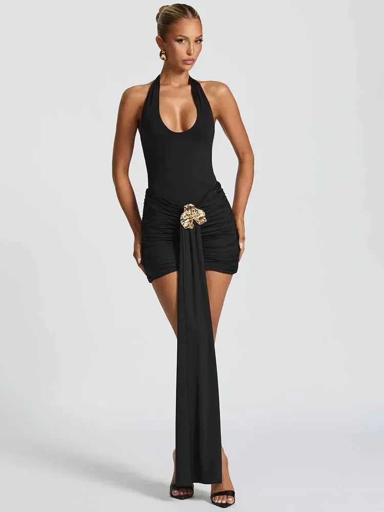 Mozision Metal Flower Draped Ruched Sexy Mini Dress Women Robe Fashion Halter Backless Sleeveless Bodycon Club Party Dress New