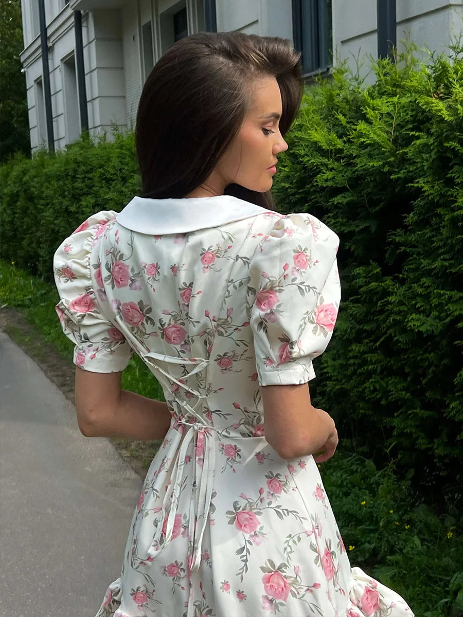 Puff Sleeve V-Neck Mini Dress | Printed Ruffled Pearl Button Dress - Femstylo