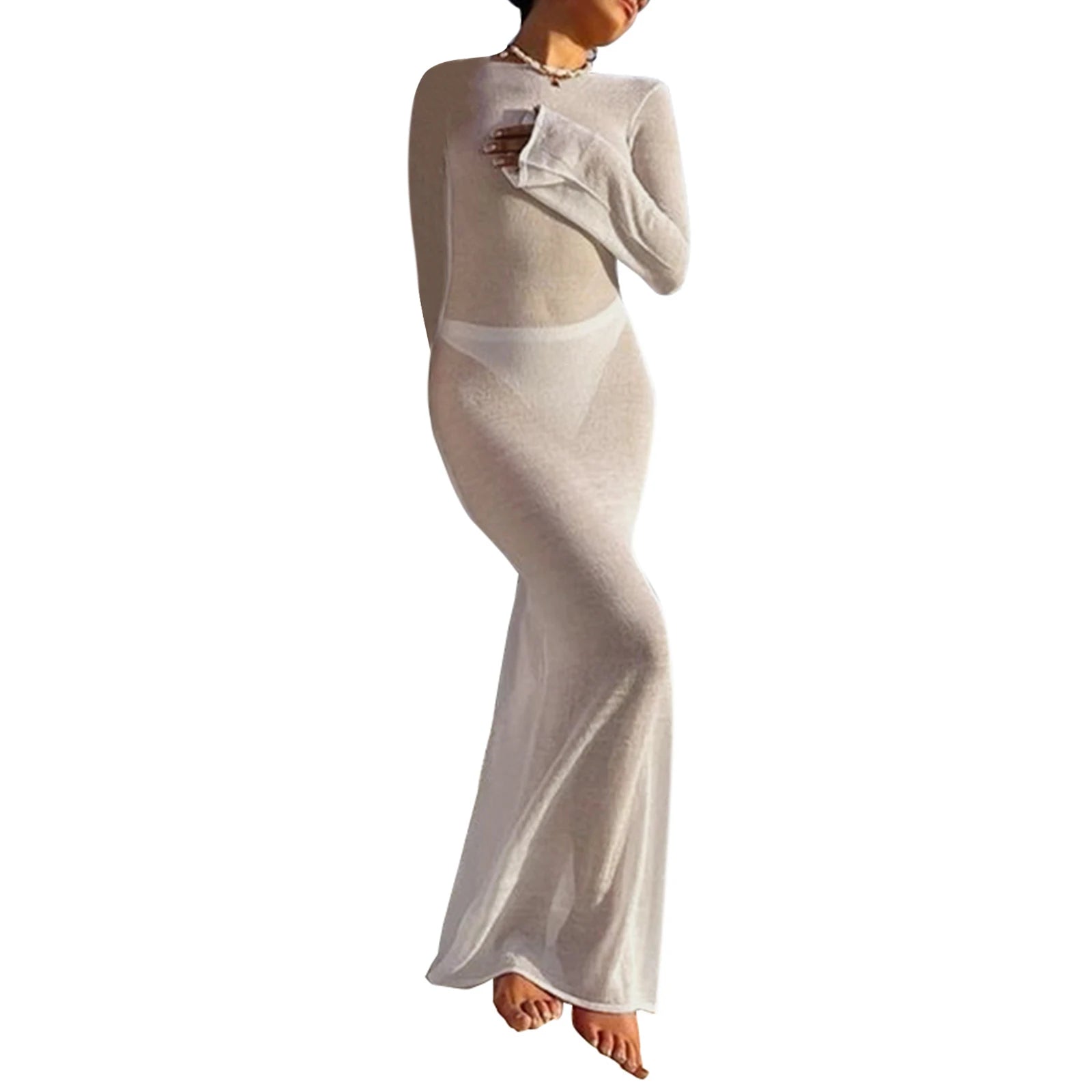 Sheer Beach Cover Up Dress | Backless Sunscreen Maxi Gown - Femstylo