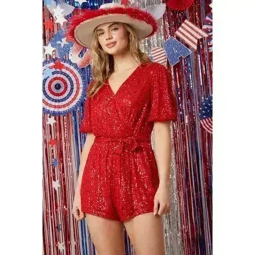 Short Puff Sleeve Sequin Romper in Red [Sizes SM-L] - Femstylo