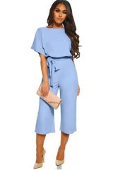 Short Sleeve Sky Blue Always Chic Belted Culotte Jumpsuit - Femstylo