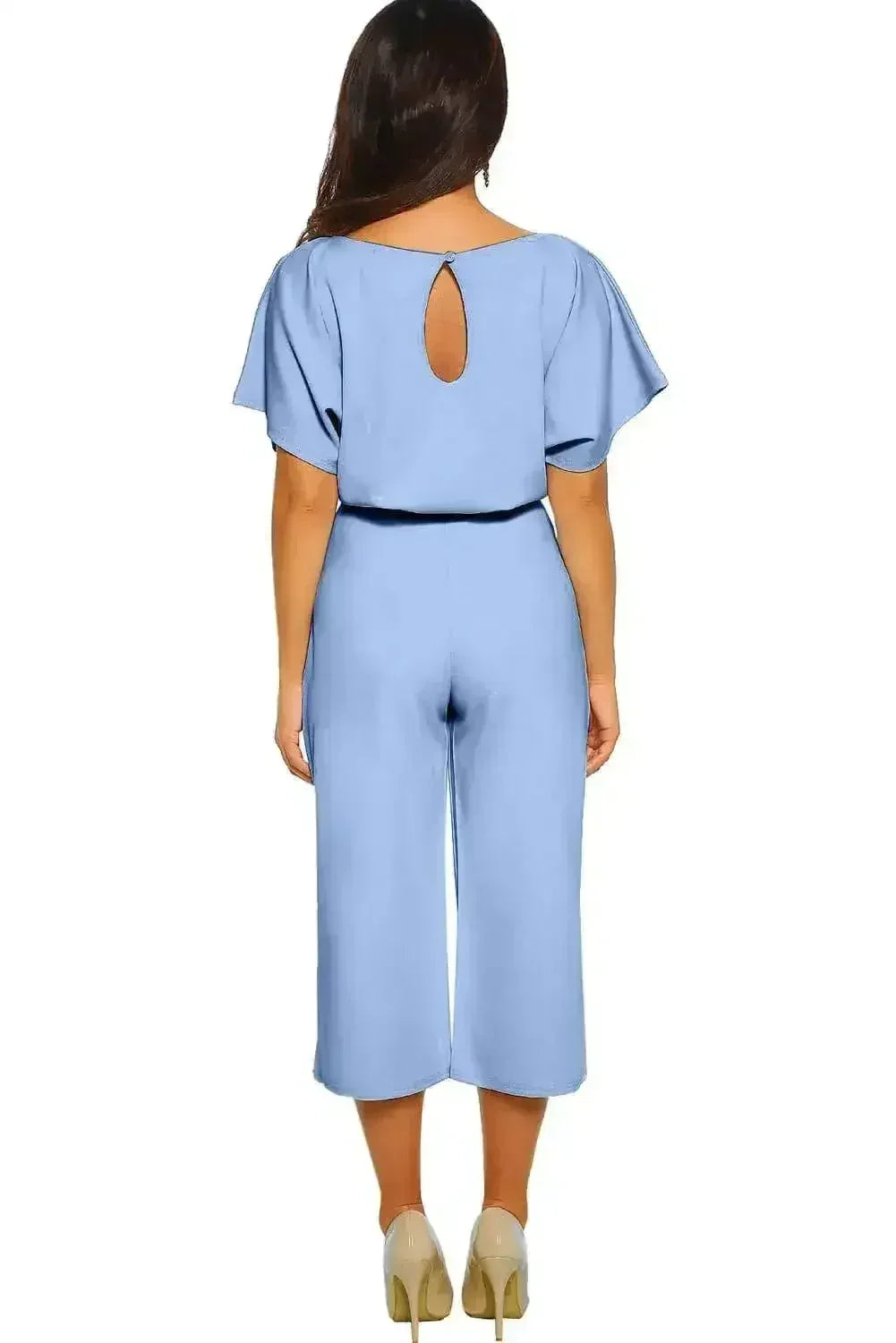 Short Sleeve Sky Blue Always Chic Belted Culotte Jumpsuit - Femstylo