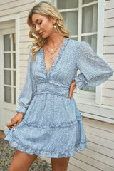 Sky Blue Ruffle Detailing V-neck Open Back Floral Dress - Femstylo