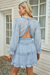 Sky Blue Ruffle Detailing V-neck Open Back Floral Dress - Femstylo