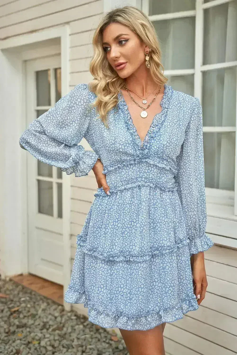 Sky Blue Ruffle Detailing V-neck Open Back Floral Dress - Femstylo