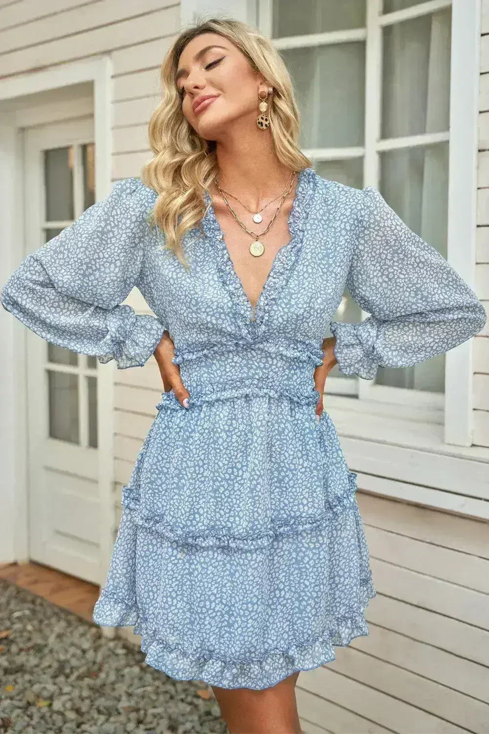 Sky Blue Ruffle Detailing V-neck Open Back Floral Dress - Femstylo