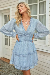 Sky Blue Ruffle Detailing V-neck Open Back Floral Dress - Femstylo