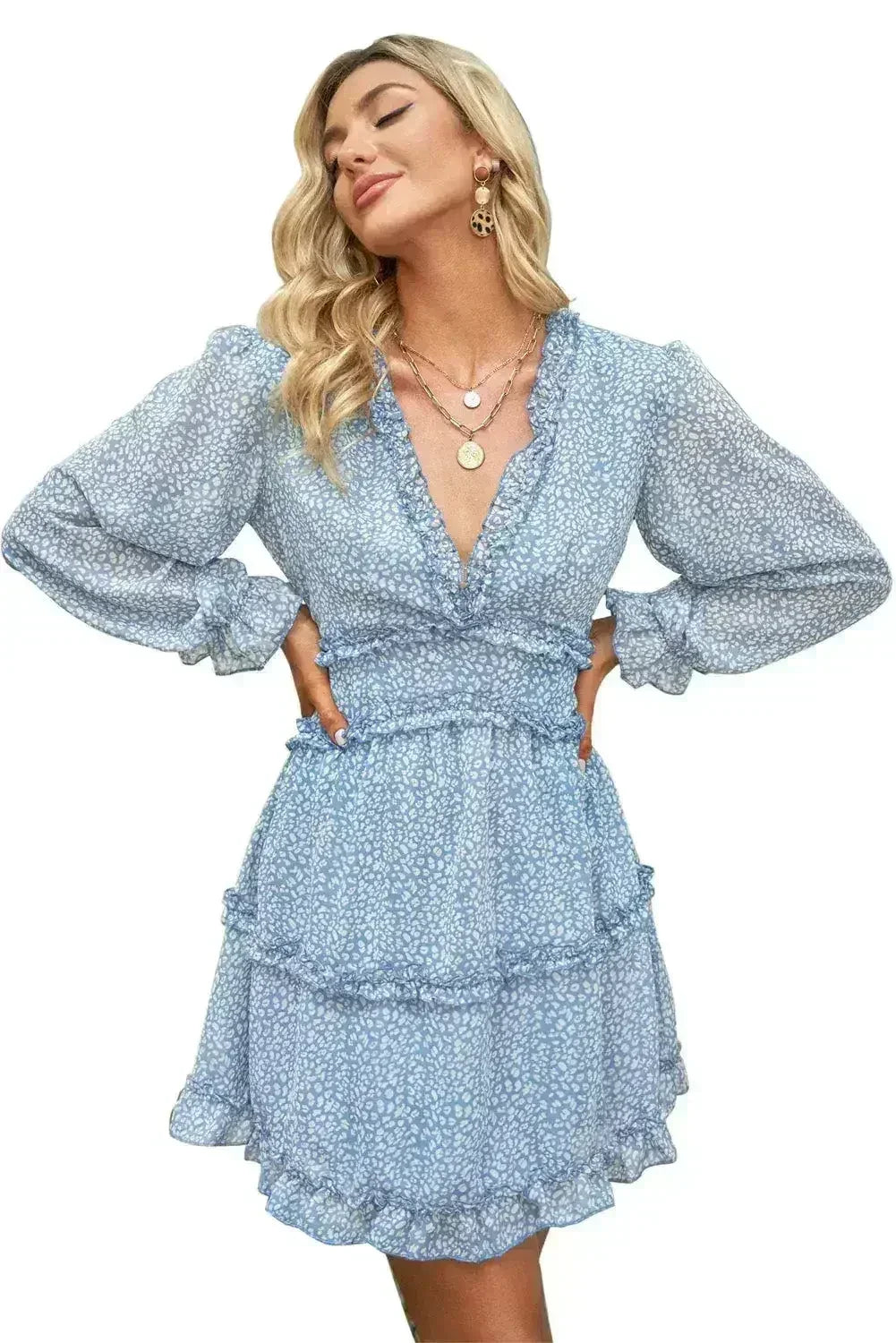 Sky Blue Ruffle Detailing V-neck Open Back Floral Dress - Femstylo