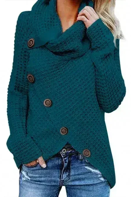 Slate Blue Buttoned Wrap Turtleneck Sweater - Femstylo