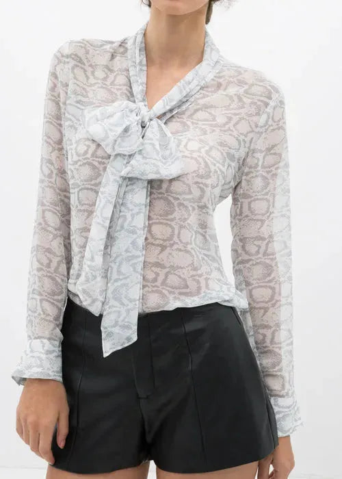 Tie Neck Sheer Blouse In Ivory Silver - Femstylo