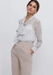 Tie Neck Sheer Blouse In Ivory Silver - Femstylo