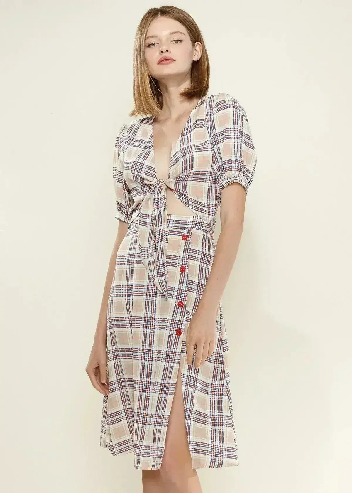Women's Multi Check Tie Hem Blouse in Multiplaid | Femstylo - Femstylo
