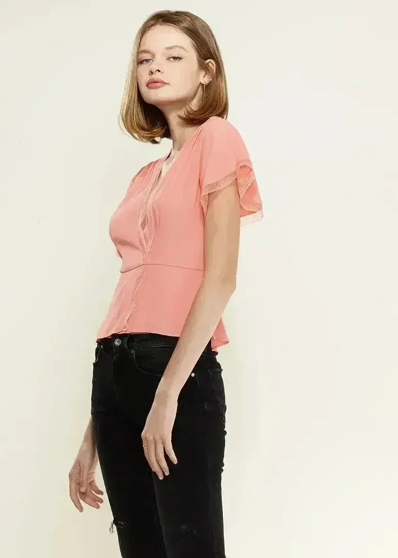 Women's Lace Trim Cape Sleeve Wrap Blouse in Coral | Femstylo - Femstylo