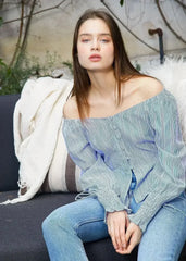 Smocked Cuff Button Front Peplum Blouse in Blue | Femstylo - Femstylo