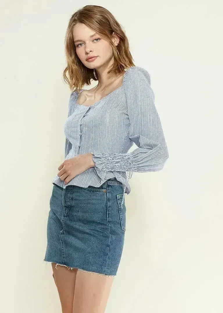 Smocked Cuff Button Front Peplum Blouse in Blue | Femstylo - Femstylo